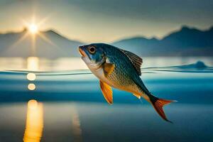 un pescado nadando en el agua a puesta de sol. generado por ai foto