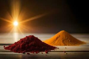 two piles of red and yellow spices on a wooden table. AI-Generated photo