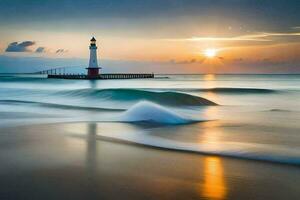 a lighthouse stands in the ocean with waves crashing into it. AI-Generated photo