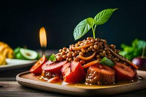 a plate of food with vegetables and a candle. AI-Generated photo