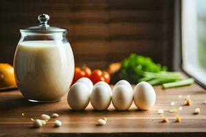 eggs and milk on a table. AI-Generated photo