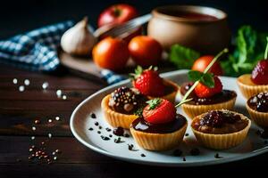 pequeño magdalenas con fresas y chocolate en un lámina. generado por ai foto