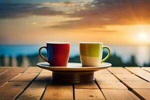 dos café tazas en un de madera mesa con un puesta de sol en el antecedentes. generado por ai foto