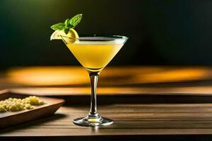 a cocktail with a lemon slice and mint. AI-Generated photo