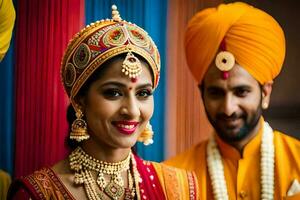 a bride and groom in traditional indian attire. AI-Generated photo