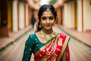 a beautiful woman in a traditional sari. AI-Generated photo