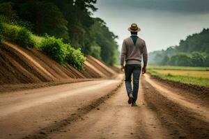 hombre caminando en suciedad la carretera en rural área. generado por ai foto