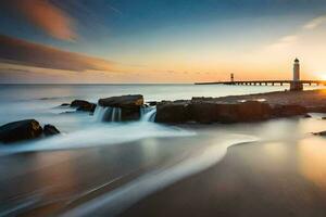 a lighthouse and rocks on the beach at sunset. AI-Generated photo