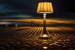 a lamp on a brick floor with a bridge in the background. AI-Generated photo