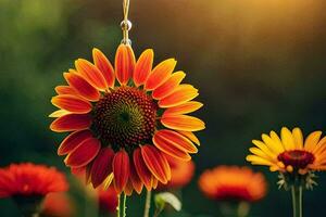 sunflower hanging from a string in the sun. AI-Generated photo