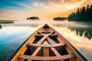 a canoe is floating on a lake with mist. AI-Generated photo