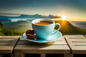 a cup of tea on a wooden table with a view of the mountains. AI-Generated photo