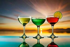 three glasses of different colored drinks on a table. AI-Generated photo