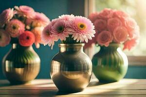 three vases with pink flowers sitting on a table. AI-Generated photo