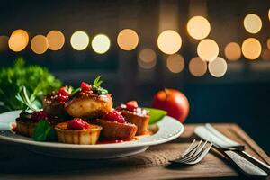 un plato de comida con Fruta y vieiras. generado por ai foto