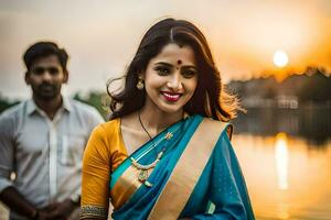 un hermosa joven mujer en un sari en pie siguiente a un hombre. generado por ai foto