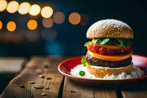 a hamburger on a plate with a bottle of beer. AI-Generated photo
