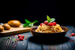 espaguetis con frambuesas y menta hojas en un de madera mesa. generado por ai foto