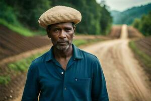 a man wearing a hat stands on a dirt road. AI-Generated photo