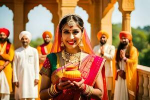 a woman in traditional indian attire holding a gold object. AI-Generated photo