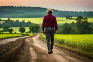 a man in a hat walks down a dirt road. AI-Generated photo