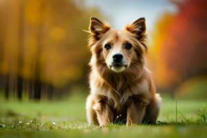 a dog sitting in the grass with autumn trees in the background. AI-Generated photo