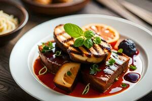 grilled pork chops with sauce and noodles on a plate. AI-Generated photo