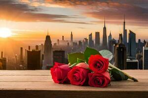 photo wallpaper the sky, city, sunset, roses, the city, roses, roses, roses. AI-Generated