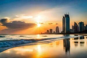 the sun sets over the city skyline in dubai. AI-Generated photo