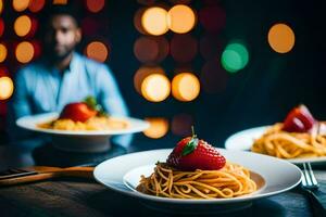 a man sits at a table with two plates of spaghetti and strawberries. AI-Generated photo