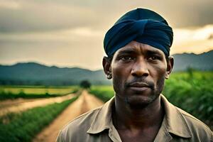 un hombre vistiendo un turbante soportes en un campo. generado por ai foto
