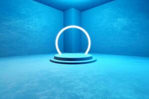 3d representación de un azul producto monitor estar en un vacío habitación. foto