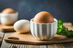 huevos en un taza en un corte tablero. generado por ai foto