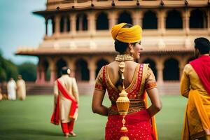 a bride and groom in traditional indian attire. AI-Generated photo