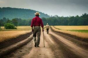 dos hombres caminando abajo un suciedad la carretera con un campo en el antecedentes. generado por ai foto