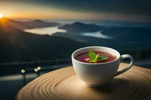 un taza de té se sienta en un mesa con un ver de montañas. generado por ai foto