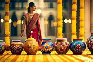 a woman in a sari standing in front of colorful pots. AI-Generated photo