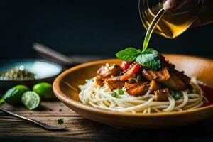 a plate of spaghetti with meat and vegetables being poured with oil. AI-Generated photo