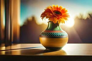 a vase with a flower sitting on a table in front of a window. AI-Generated photo