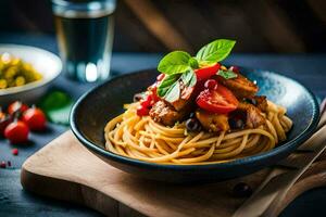 spaghetti with meat and tomatoes in a bowl. AI-Generated photo