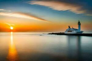 un barco es atracado a puesta de sol en el océano. generado por ai foto