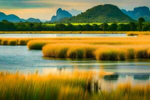 a lake with tall grass and mountains in the background. AI-Generated photo