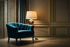 a blue chair and lamp in a room with wooden paneling. AI-Generated photo