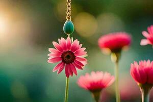 pink flowers with a gold chain hanging from them. AI-Generated photo