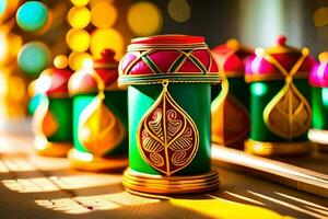 colorful diyas on a table with bright lights. AI-Generated photo