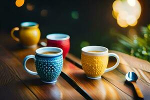 three colorful coffee cups on a wooden table. AI-Generated photo