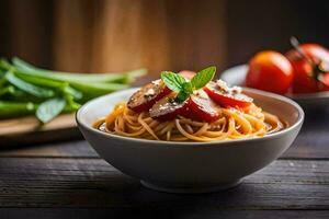 spaghetti with tomatoes and basil on a wooden table. AI-Generated photo