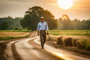 un hombre caminando en un suciedad la carretera con un caña. generado por ai foto