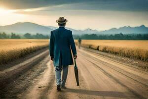 un hombre en un traje camina abajo un suciedad la carretera con un sombrilla. generado por ai foto