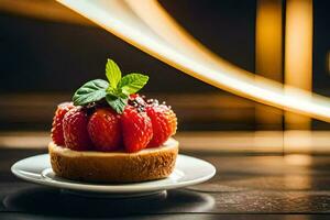 un fresa pastel en un plato con un ligero antecedentes. generado por ai foto
